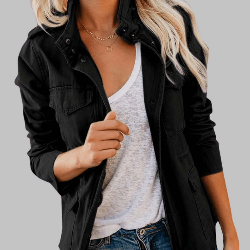 RHODA™ - Vintage Zip Up Button Military Jacket - Beaumonts Closet Toronto