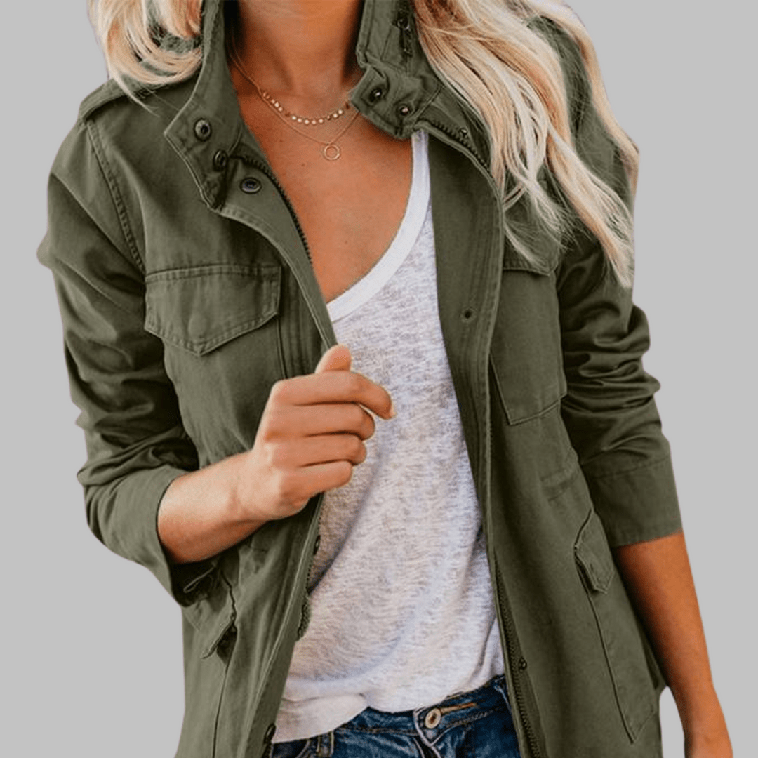 RHODA™ - Vintage Zip Up Button Military Jacket - Beaumonts Closet Toronto