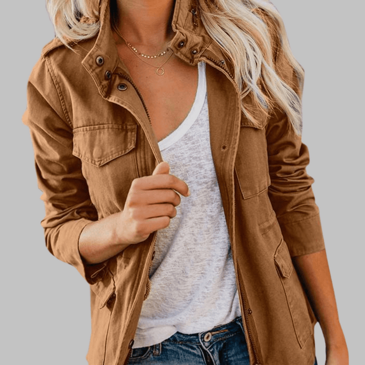 RHODA™ - Vintage Zip Up Button Military Jacket - Beaumonts Closet Toronto