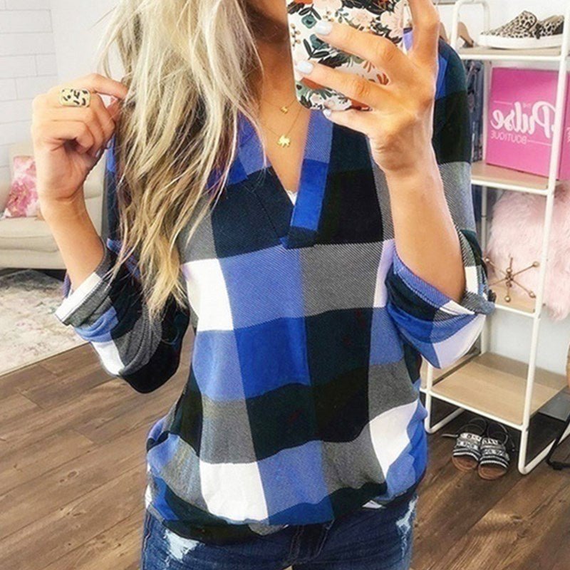 SAMIYA™ - Casual V - Neck Plaid Long Sleeve Blouse - Beaumonts Closet Toronto