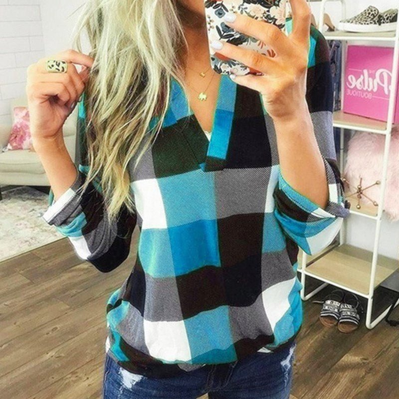 SAMIYA™ - Casual V - Neck Plaid Long Sleeve Blouse - Beaumonts Closet Toronto