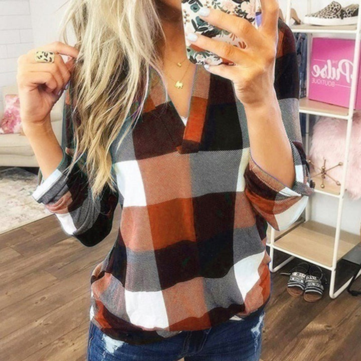 SAMIYA™ - Casual V - Neck Plaid Long Sleeve Blouse - Beaumonts Closet Toronto