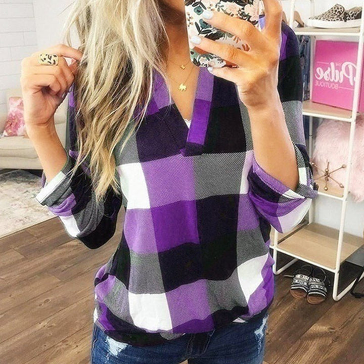 SAMIYA™ - Casual V - Neck Plaid Long Sleeve Blouse - Beaumonts Closet Toronto
