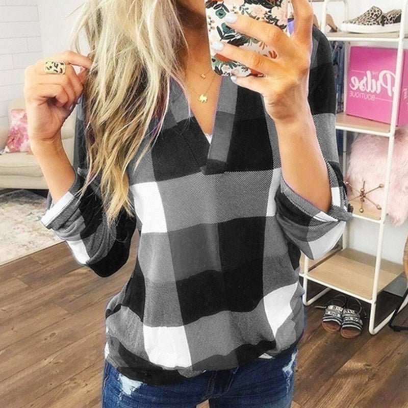 SAMIYA™ - Casual V - Neck Plaid Long Sleeve Blouse - Beaumonts Closet Toronto
