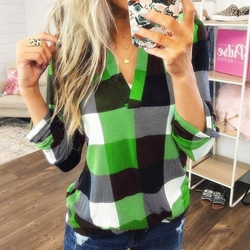 SAMIYA™ - Casual V - Neck Plaid Long Sleeve Blouse - Beaumonts Closet Toronto