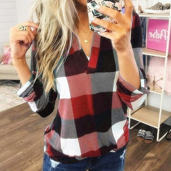 SAMIYA™ - Casual V - Neck Plaid Long Sleeve Blouse - Beaumonts Closet Toronto