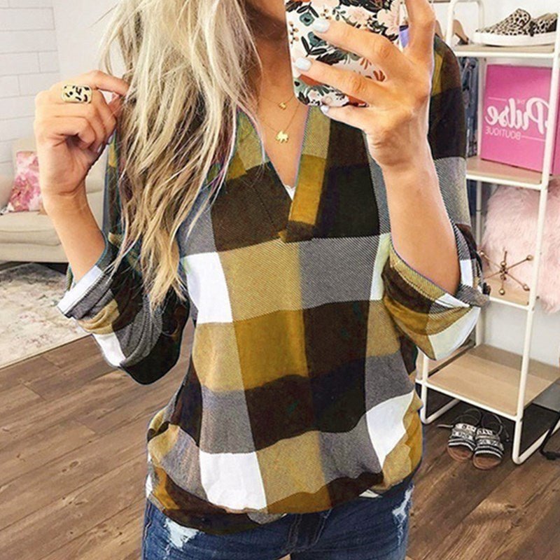 SAMIYA™ - Casual V - Neck Plaid Long Sleeve Blouse - Beaumonts Closet Toronto