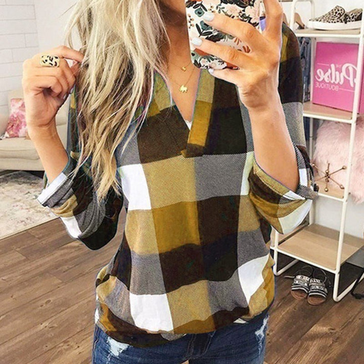 SAMIYA™ - Casual V - Neck Plaid Long Sleeve Blouse - Beaumonts Closet Toronto