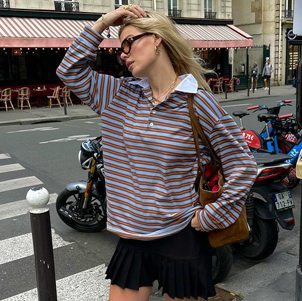 SCARLETT™ - Casual Oversized Striped Collared Top - Beaumonts Closet Toronto