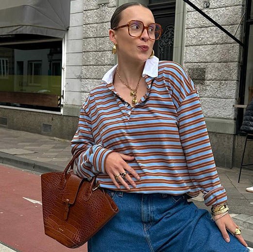 SCARLETT™ - Casual Oversized Striped Collared Top - Beaumonts Closet Toronto