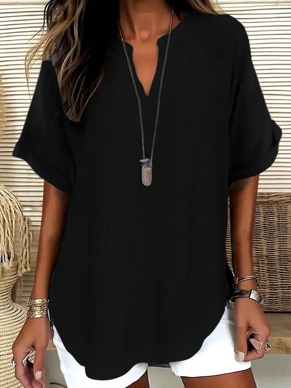 SEREIA™ - Casual Plain Short Sleeve Blouse - Beaumonts Closet Toronto