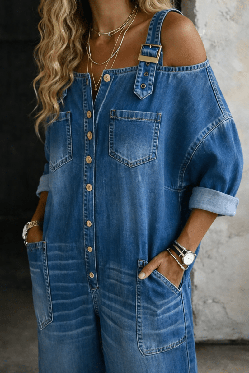 Sophia | Off Shoulder Denim Jumpsuit - Beaumonts Closet Toronto