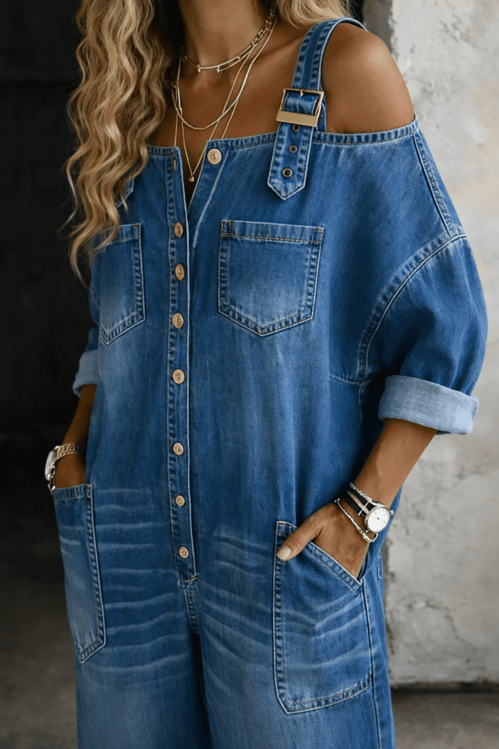 Sophia | Off Shoulder Denim Jumpsuit - Beaumonts Closet Toronto