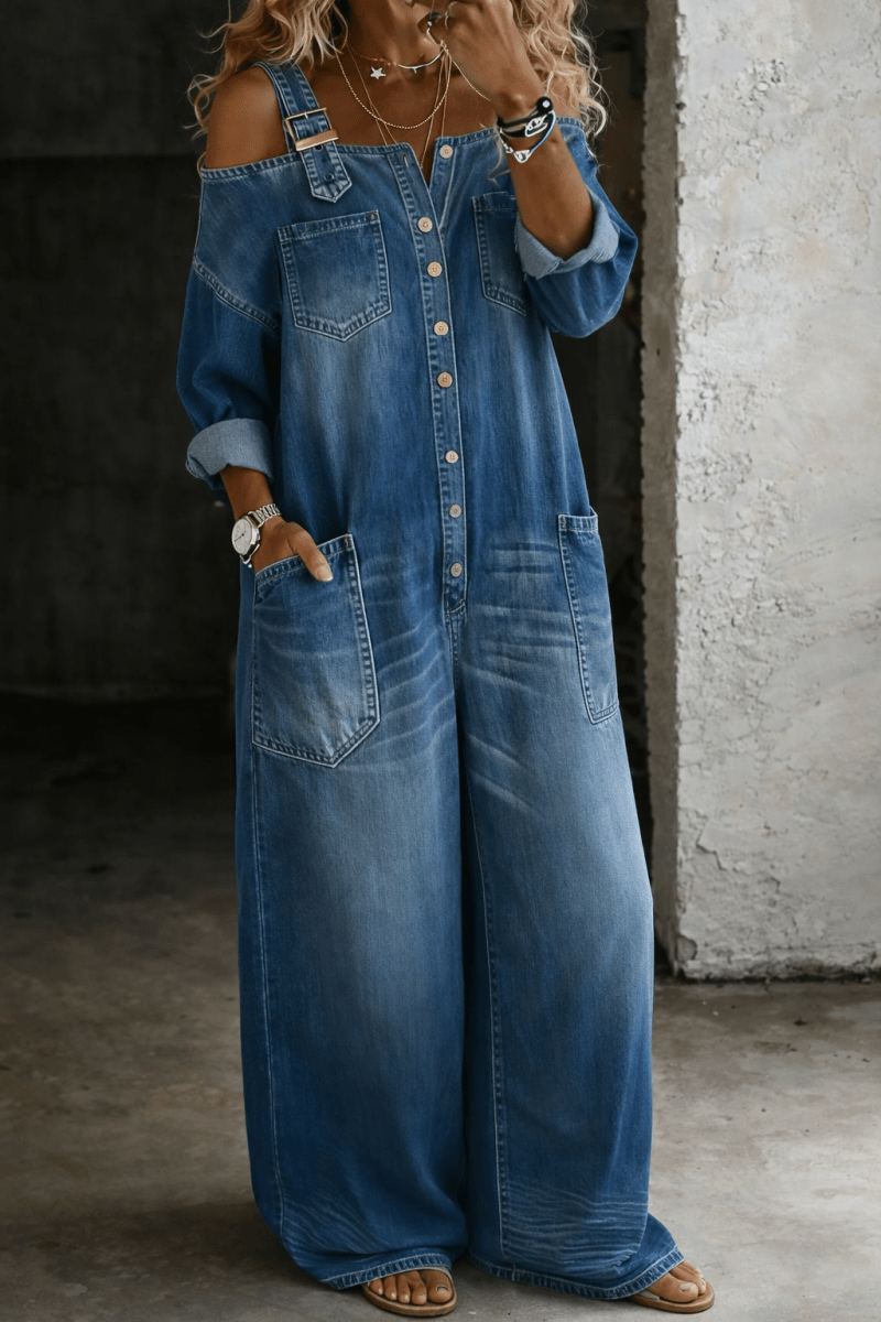 Sophia | Off Shoulder Denim Jumpsuit - Beaumonts Closet Toronto