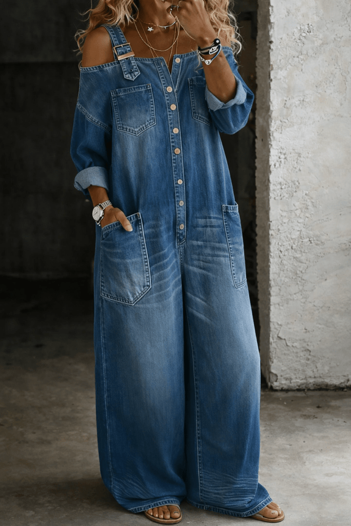 Sophia | Off Shoulder Denim Jumpsuit - Beaumonts Closet Toronto