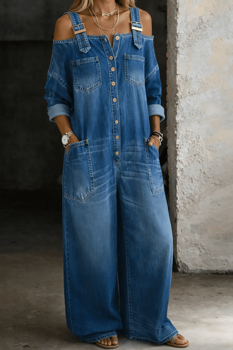 Sophia | Off Shoulder Denim Jumpsuit - Beaumonts Closet Toronto