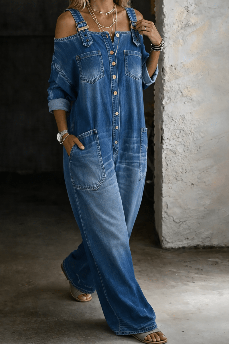 Sophia | Off Shoulder Denim Jumpsuit - Beaumonts Closet Toronto