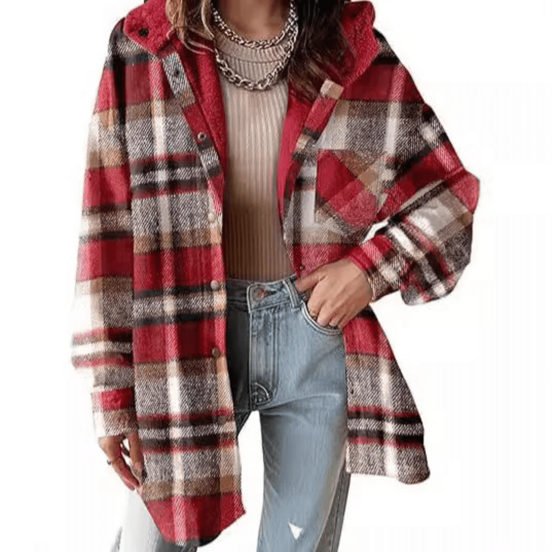 TALLULAH™ - Relaxed Fit Hooded Plaid Jacket - Beaumonts Closet Toronto