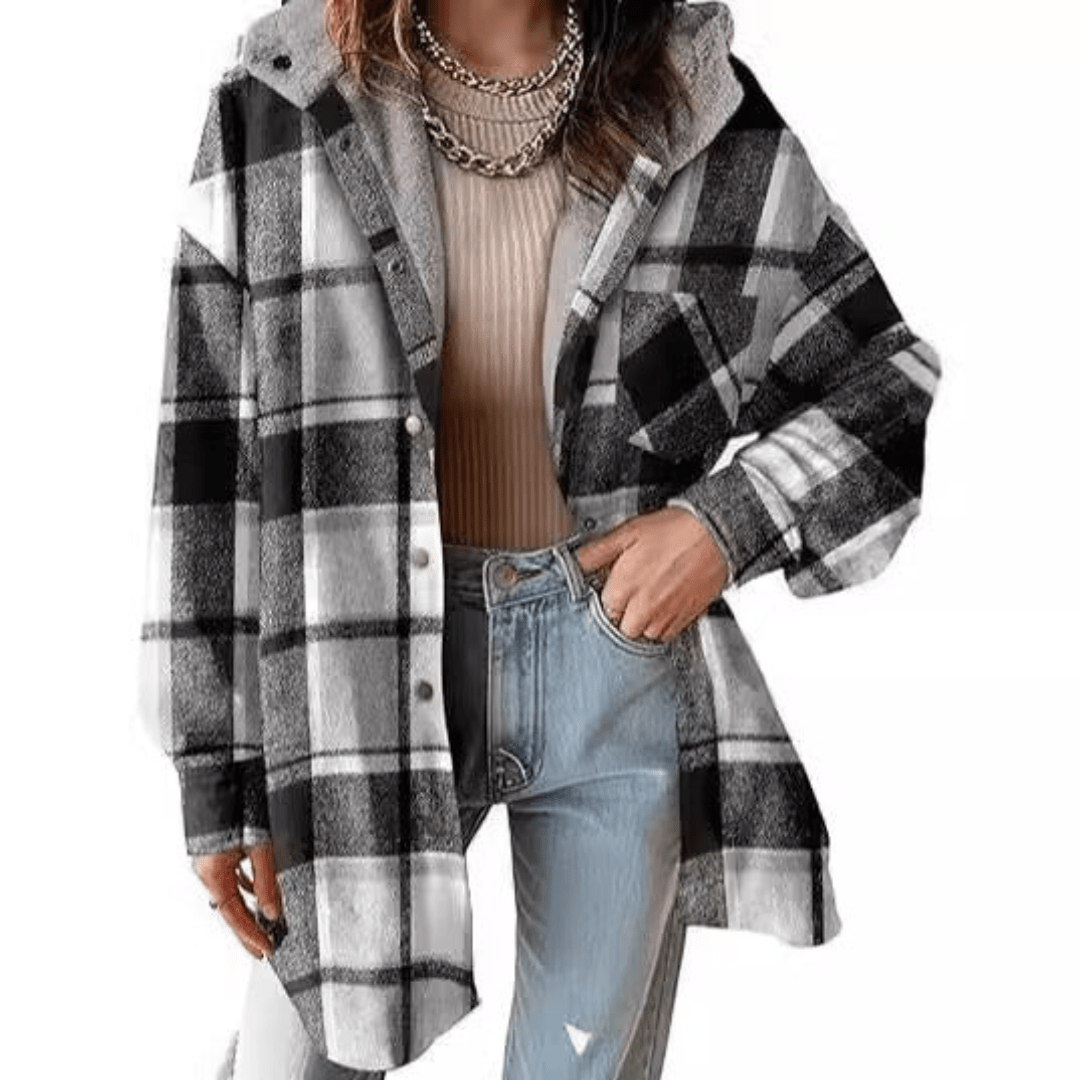 TALLULAH™ - Relaxed Fit Hooded Plaid Jacket - Beaumonts Closet Toronto
