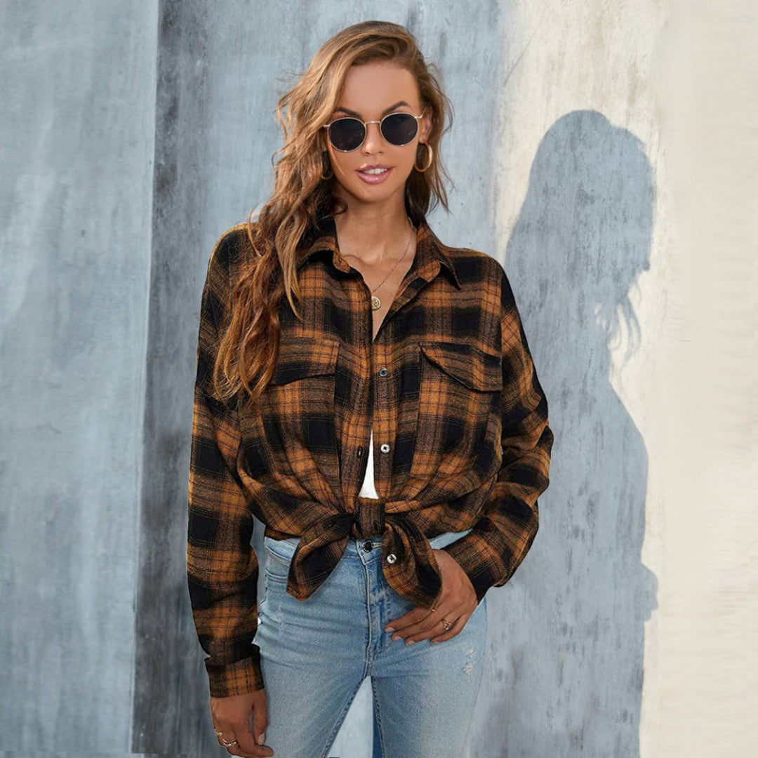 TORI™ - Vintage Plaid Button Down Long Sleeve Blouse - Beaumonts Closet Toronto