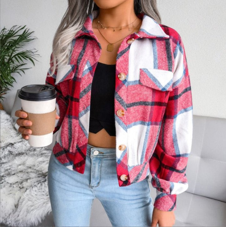 WALA™ - Casual Plaid Button Front Long Sleeve Jacket - Beaumonts Closet Toronto