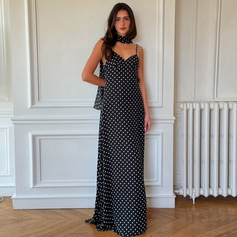 ZENA™ - Classic Polka Dots V - Neck Backless Maxi Dress - Beaumonts Closet Toronto
