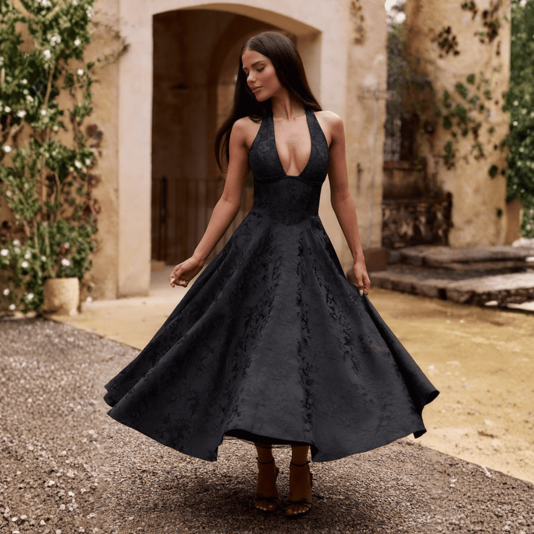 ZIORA™ - Chic Low Cut Sleeveless Open Back A - Line Halter Maxi Dress - Beaumonts Closet Toronto