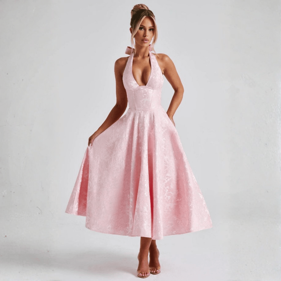 ZIORA™ - Chic Low Cut Sleeveless Open Back A - Line Halter Maxi Dress - Beaumonts Closet Toronto