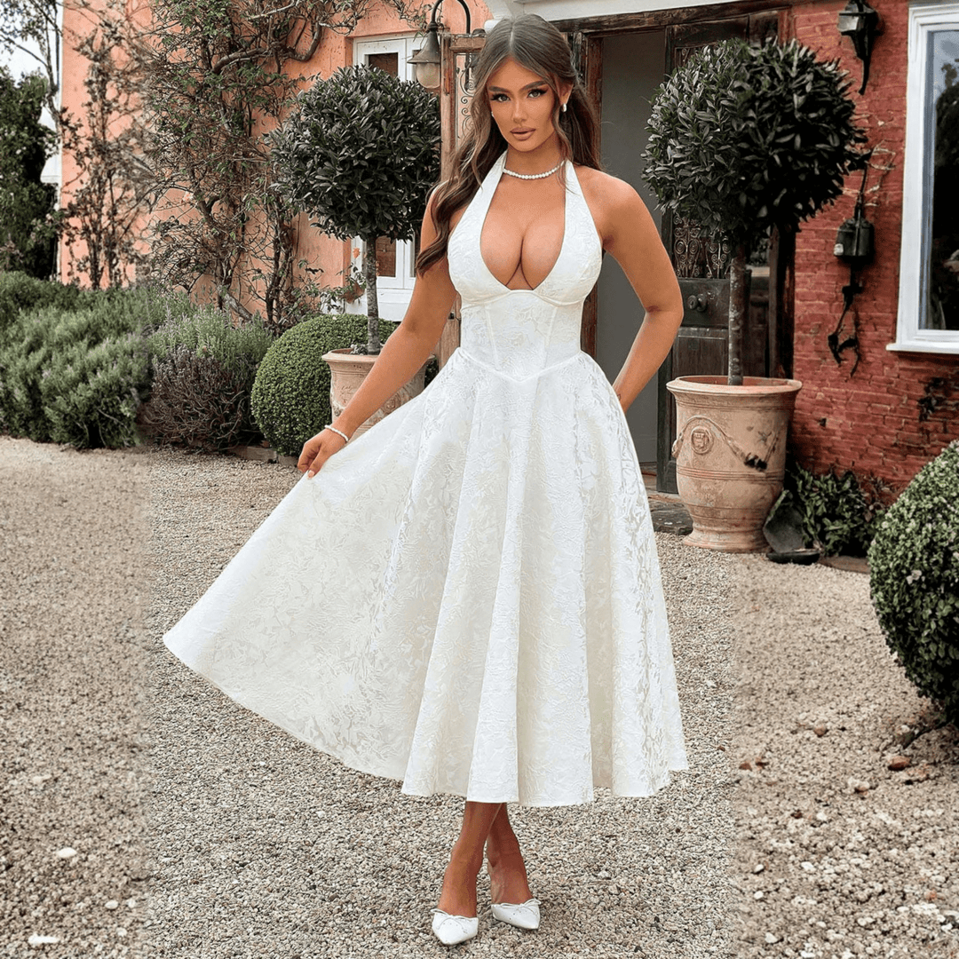 ZIORA™ - Chic Low Cut Sleeveless Open Back A - Line Halter Maxi Dress - Beaumonts Closet Toronto