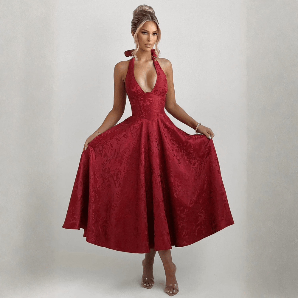 ZIORA™ - Chic Low Cut Sleeveless Open Back A - Line Halter Maxi Dress - Beaumonts Closet Toronto