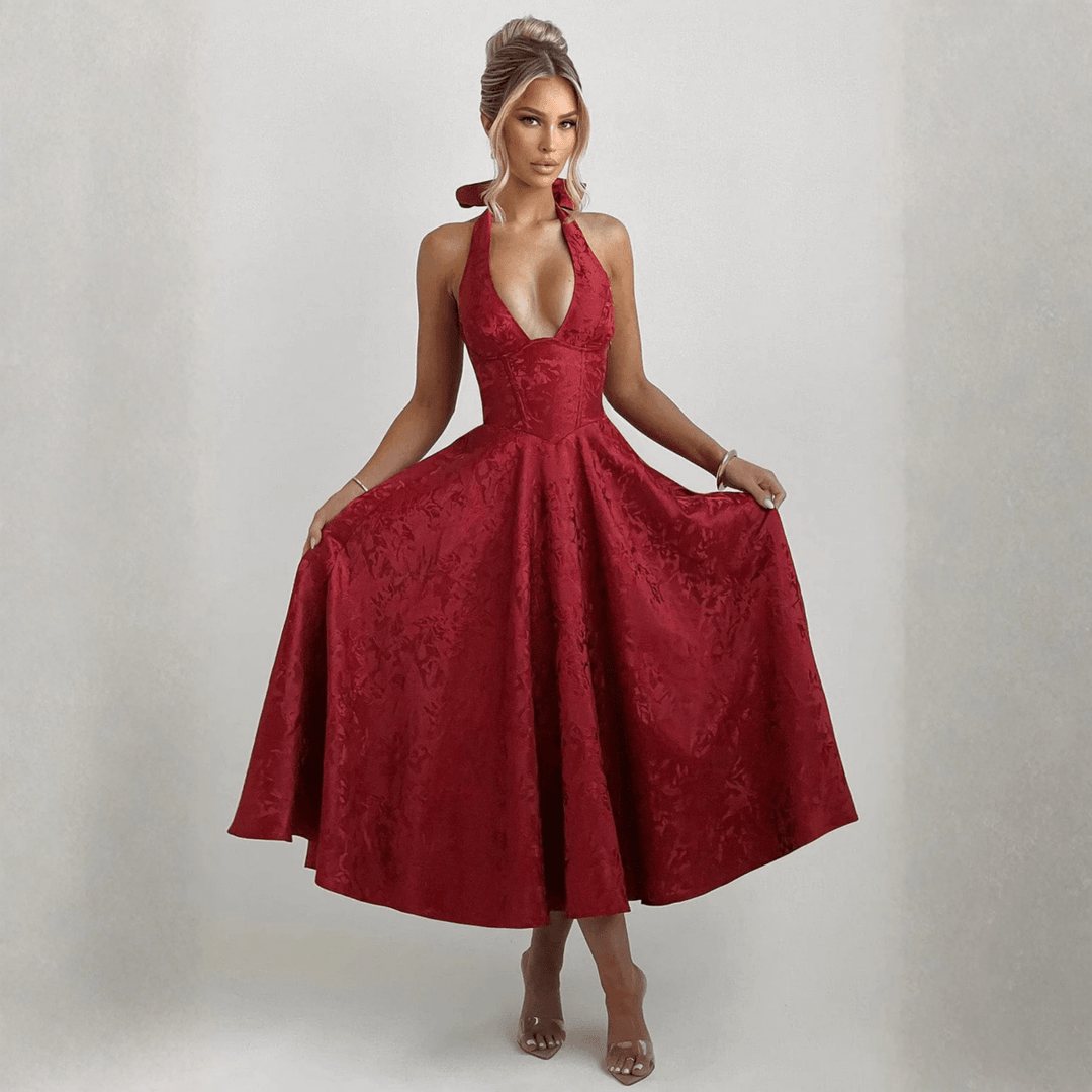 ZIORA™ - Chic Low Cut Sleeveless Open Back A - Line Halter Maxi Dress - Beaumonts Closet Toronto