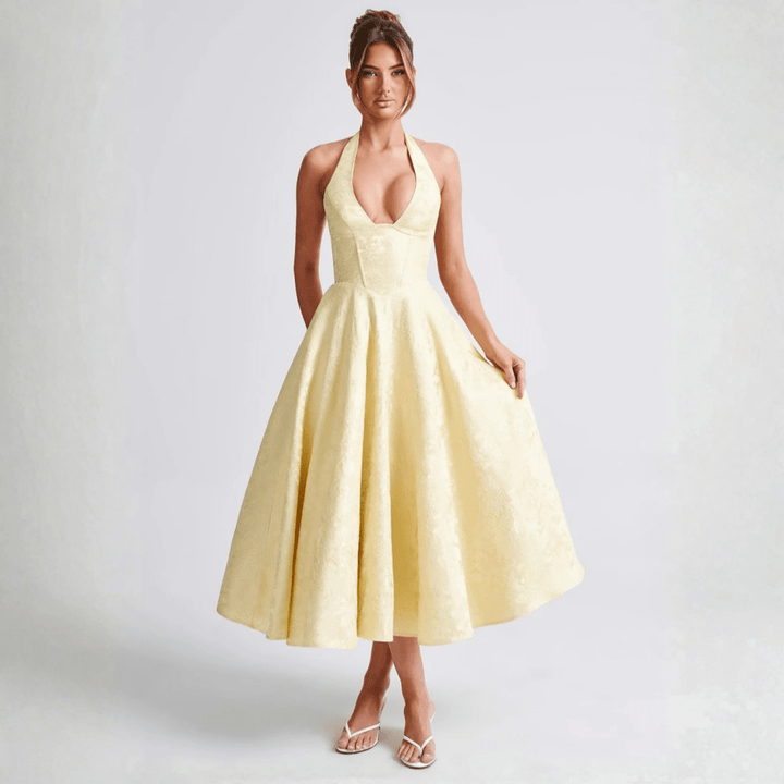 ZIORA™ - Chic Low Cut Sleeveless Open Back A - Line Halter Maxi Dress - Beaumonts Closet Toronto